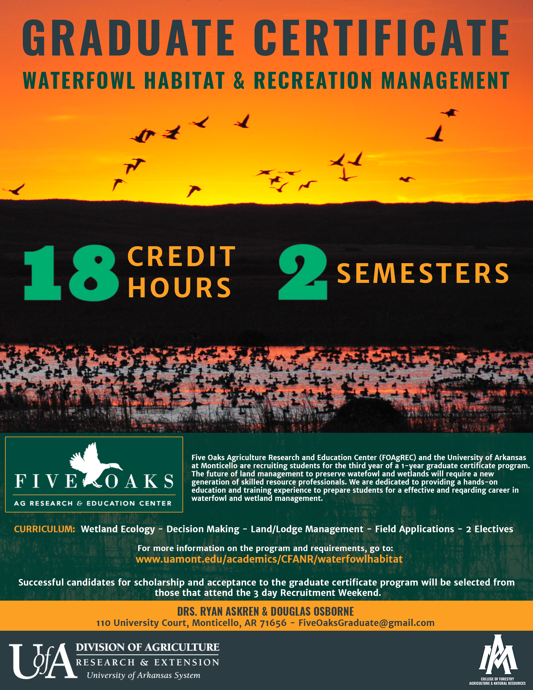 Waterfowl Habitat and Recreation management Graduate Certificate Flyer