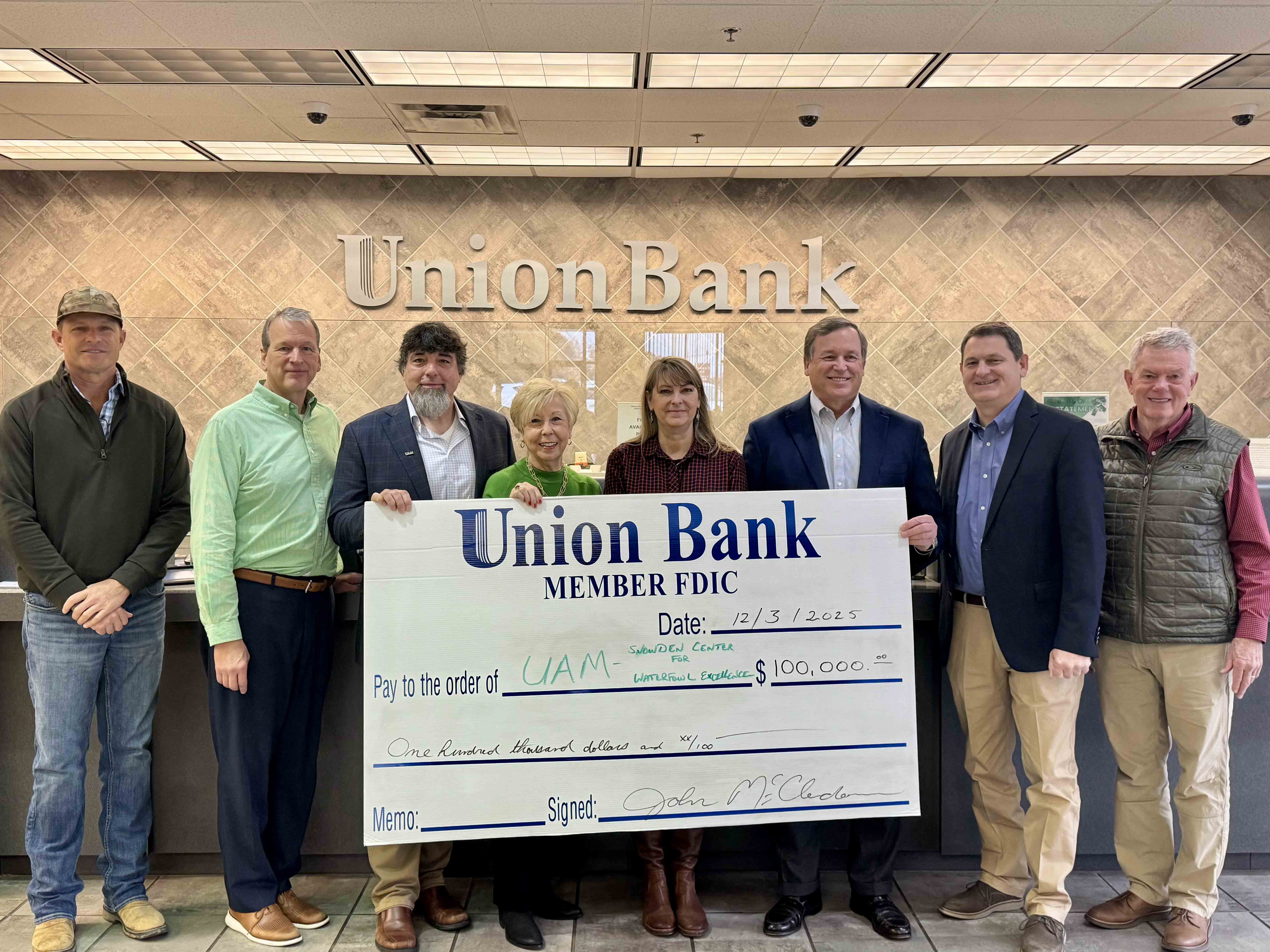 Union Bank & Trust Co. Gifts $100,000 To Support the Newly Established Snowden Waterfowl Center at UAM